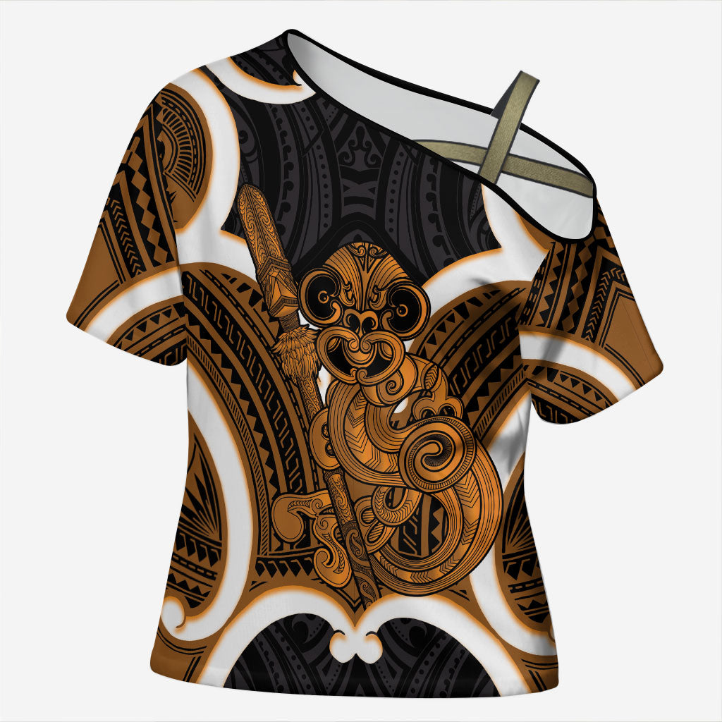 Karaka Aotearoa Atua Tumatauenga Personalised Cross Shoulder Shirt Maori God Of War Tiki With Taiaha LT14 Female Orange - Polynesian Pride