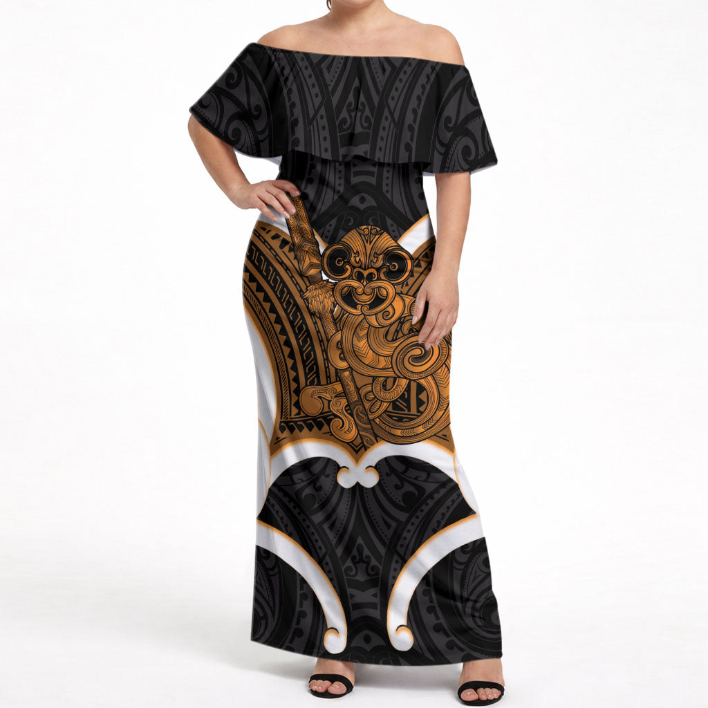 Karaka Aotearoa Atua Tumatauenga Personalised Off Shoulder Maxi Dress Maori God Of War Tiki With Taiaha LT14 Women Orange - Polynesian Pride
