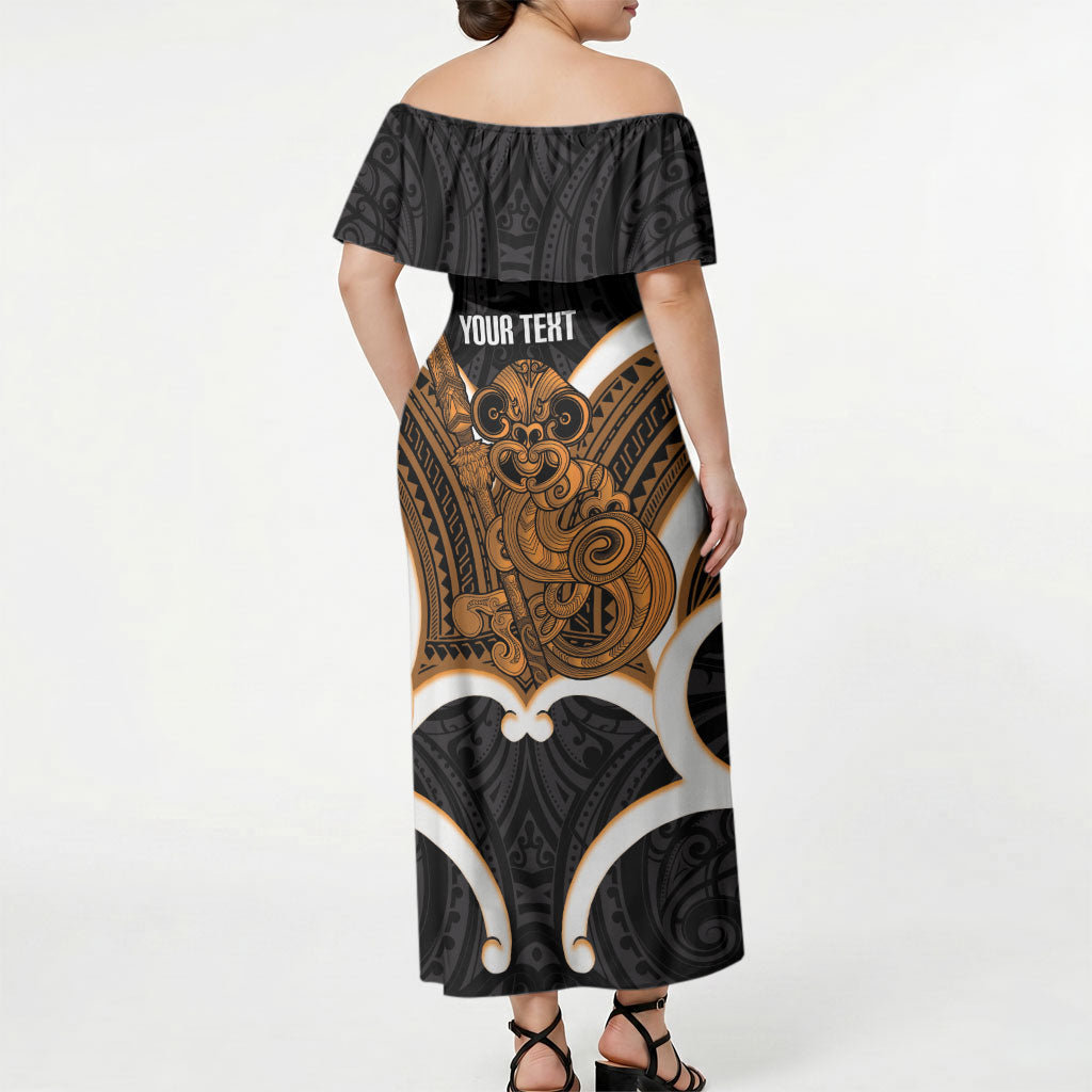Karaka Aotearoa Atua Tumatauenga Personalised Off Shoulder Maxi Dress Maori God Of War Tiki With Taiaha LT14 - Polynesian Pride
