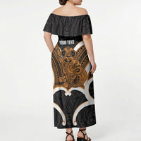 Karaka Aotearoa Atua Tumatauenga Personalised Off Shoulder Maxi Dress Maori God Of War Tiki With Taiaha LT14 - Polynesian Pride
