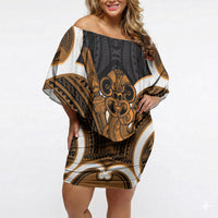 Karaka Aotearoa Atua Tumatauenga Personalised Off Shoulder Short Dress Maori God Of War Tiki With Taiaha LT14 Women Orange - Polynesian Pride