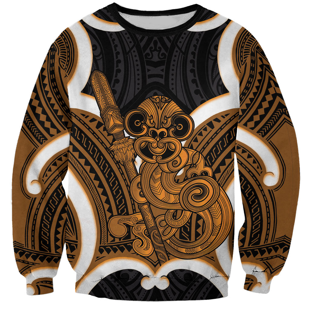 Karaka Aotearoa Atua Tumatauenga Personalised Sweatshirt Maori God Of War Tiki With Taiaha LT14 Unisex Orange - Polynesian Pride
