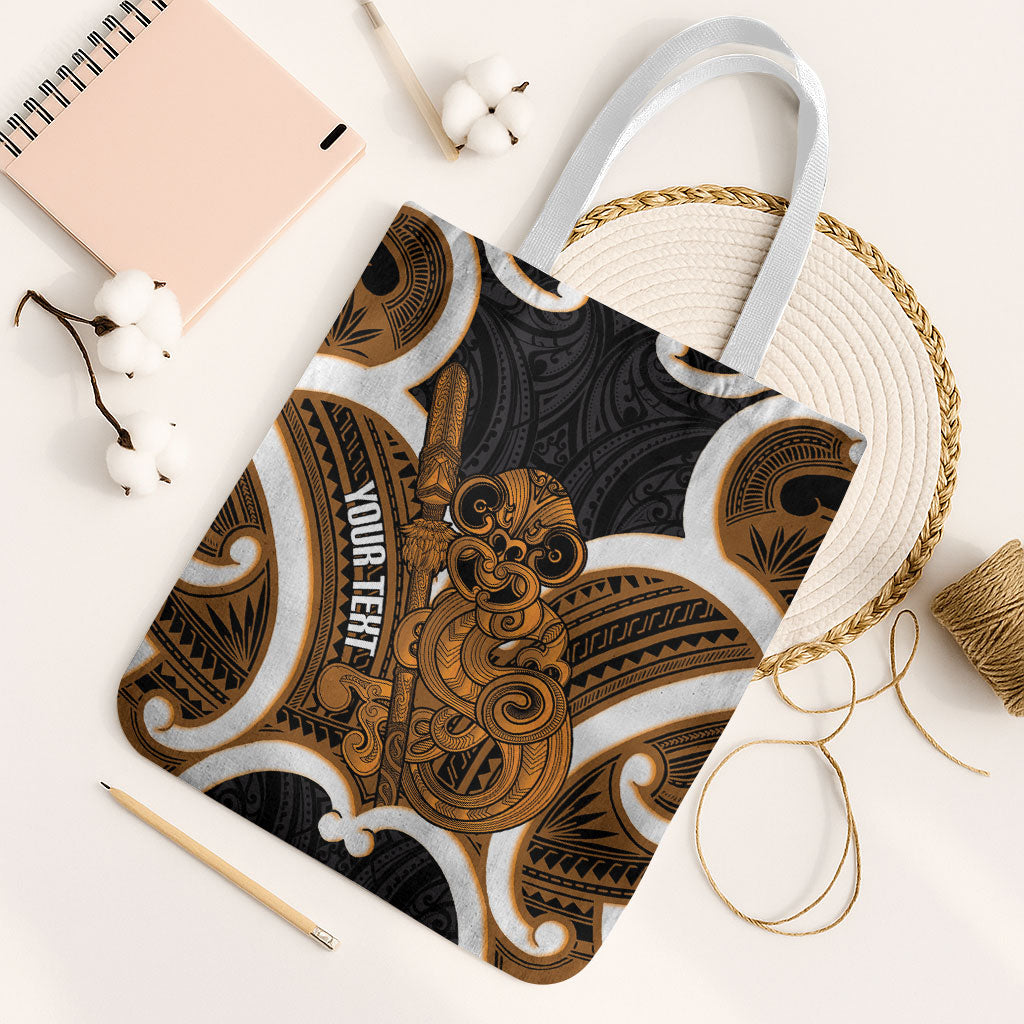 Karaka Aotearoa Atua Tumatauenga Personalised Tote Bag Maori God Of War Tiki With Taiaha LT14 White Strap One Size Orange - Polynesian Pride