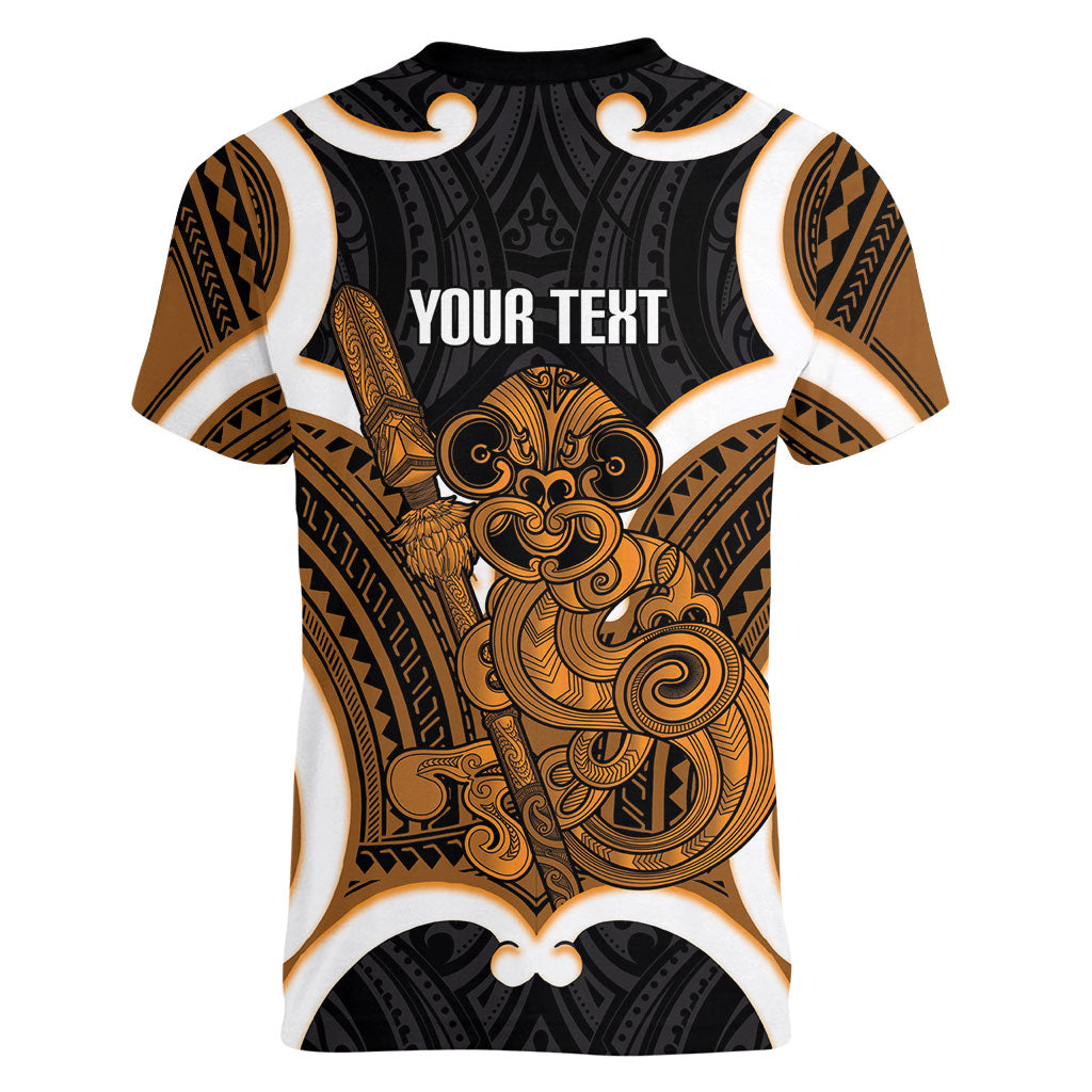 Karaka Aotearoa Atua Tumatauenga Personalised Women V-Neck T-Shirt Maori God Of War Tiki With Taiaha
