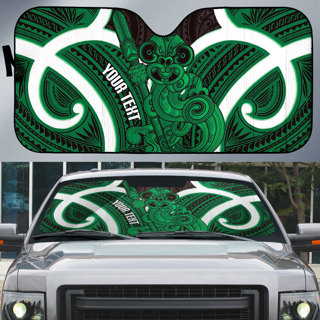 Kakariki Aotearoa Atua Tumatauenga Personalised Auto Sun Shade Maori God Of War Tiki With Taiaha LT14 Green - Polynesian Pride