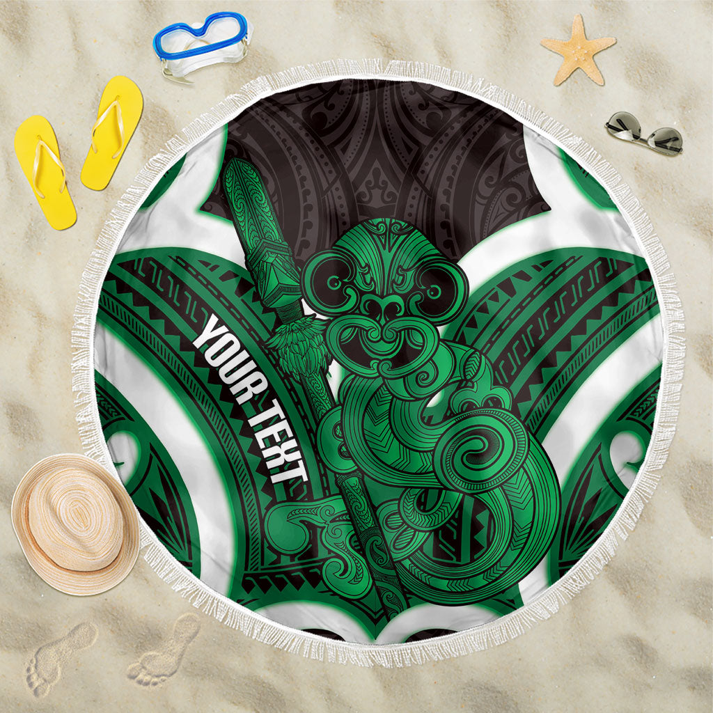 Kakariki Aotearoa Atua Tumatauenga Personalised Beach Blanket Maori God Of War Tiki With Taiaha LT14 One Size 150cm Green - Polynesian Pride