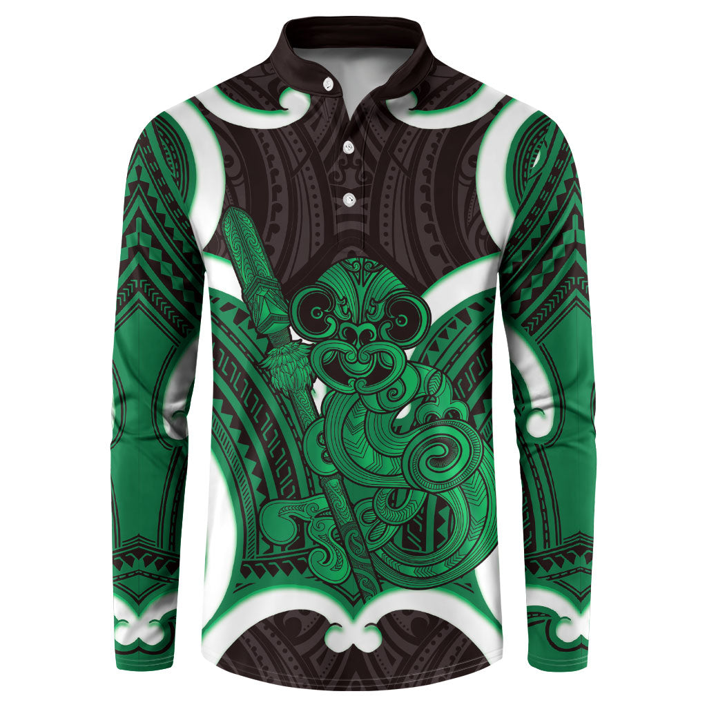 Kakariki Aotearoa Atua Tumatauenga Personalised Button Sweatshirt Maori God Of War Tiki With Taiaha LT14 Green - Polynesian Pride