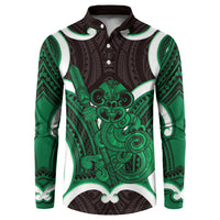 Kakariki Aotearoa Atua Tumatauenga Personalised Button Sweatshirt Maori God Of War Tiki With Taiaha LT14 Green - Polynesian Pride