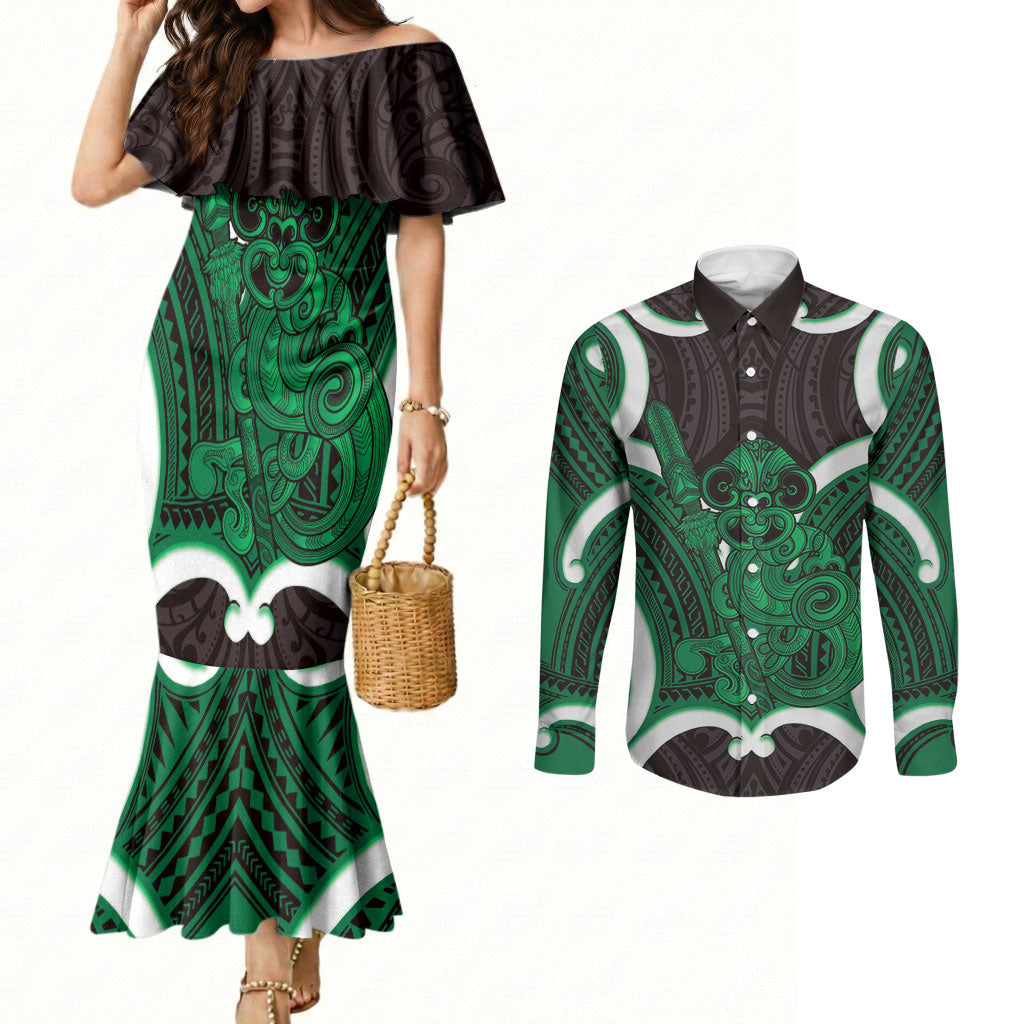 Kakariki Aotearoa Atua Tumatauenga Personalised Couples Matching Mermaid Dress and Long Sleeve Button Shirt Maori God Of War Tiki With Taiaha LT14 Green - Polynesian Pride
