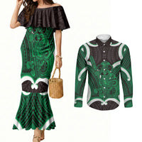 Kakariki Aotearoa Atua Tumatauenga Personalised Couples Matching Mermaid Dress and Long Sleeve Button Shirt Maori God Of War Tiki With Taiaha LT14 Green - Polynesian Pride