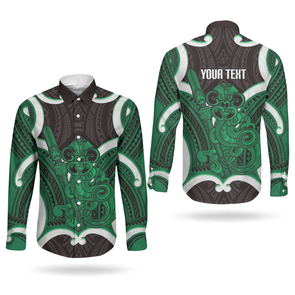 Kakariki Aotearoa Atua Tumatauenga Personalised Couples Matching Mermaid Dress and Long Sleeve Button Shirt Maori God Of War Tiki With Taiaha LT14 - Polynesian Pride