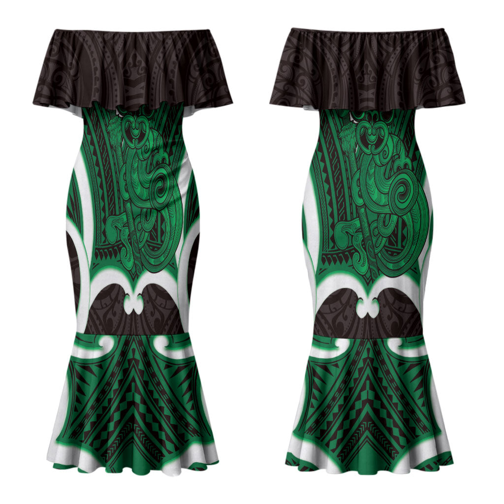 Kakariki Aotearoa Atua Tumatauenga Personalised Couples Matching Mermaid Dress and Long Sleeve Button Shirt Maori God Of War Tiki With Taiaha LT14 - Polynesian Pride