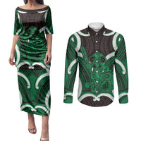 Kakariki Aotearoa Atua Tumatauenga Personalised Couples Matching Puletasi and Long Sleeve Button Shirt Maori God Of War Tiki With Taiaha LT14 Green - Polynesian Pride