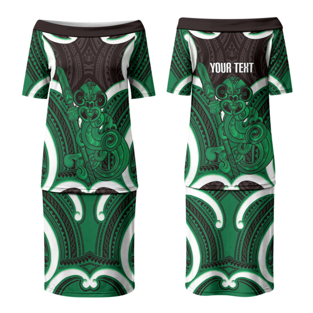 Kakariki Aotearoa Atua Tumatauenga Personalised Couples Matching Puletasi and Long Sleeve Button Shirt Maori God Of War Tiki With Taiaha LT14 - Polynesian Pride