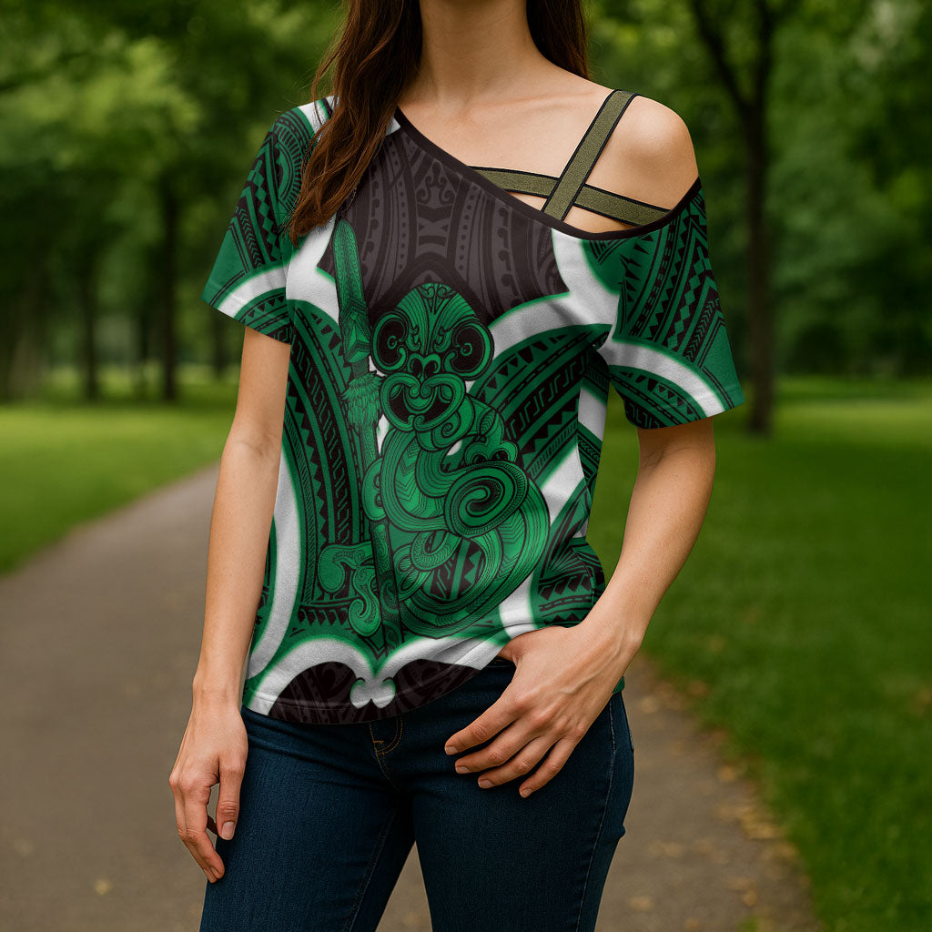 Kakariki Aotearoa Atua Tumatauenga Personalised Cross Shoulder Shirt Maori God Of War Tiki With Taiaha LT14 - Polynesian Pride