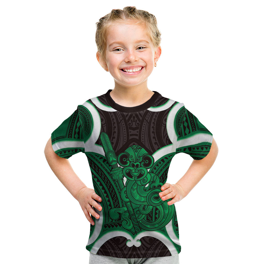 Kakariki Aotearoa Atua Tumatauenga Personalised Kid T Shirt Maori God Of War Tiki With Taiaha LT14 Green - Polynesian Pride