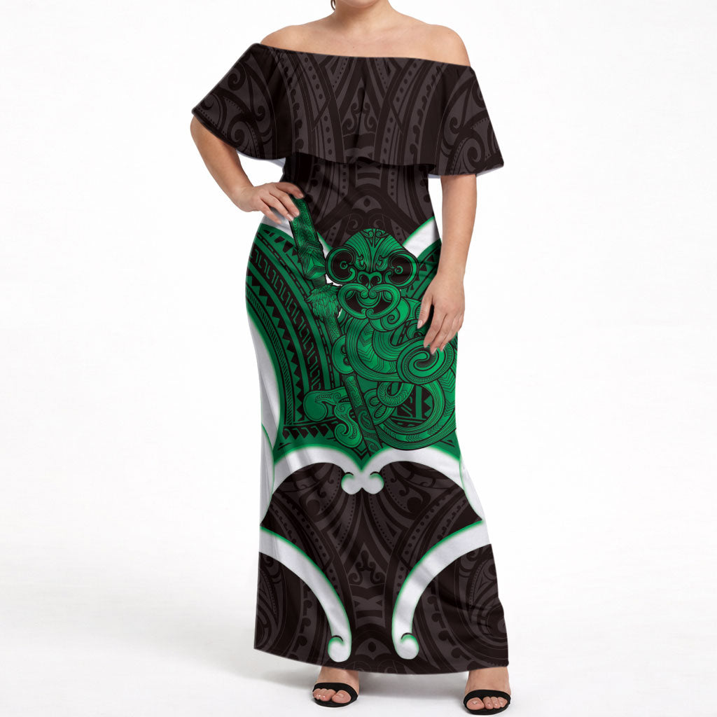 Kakariki Aotearoa Atua Tumatauenga Personalised Off Shoulder Maxi Dress Maori God Of War Tiki With Taiaha LT14 Women Green - Polynesian Pride