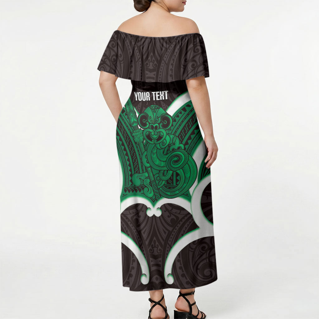 Kakariki Aotearoa Atua Tumatauenga Personalised Off Shoulder Maxi Dress Maori God Of War Tiki With Taiaha LT14 - Polynesian Pride