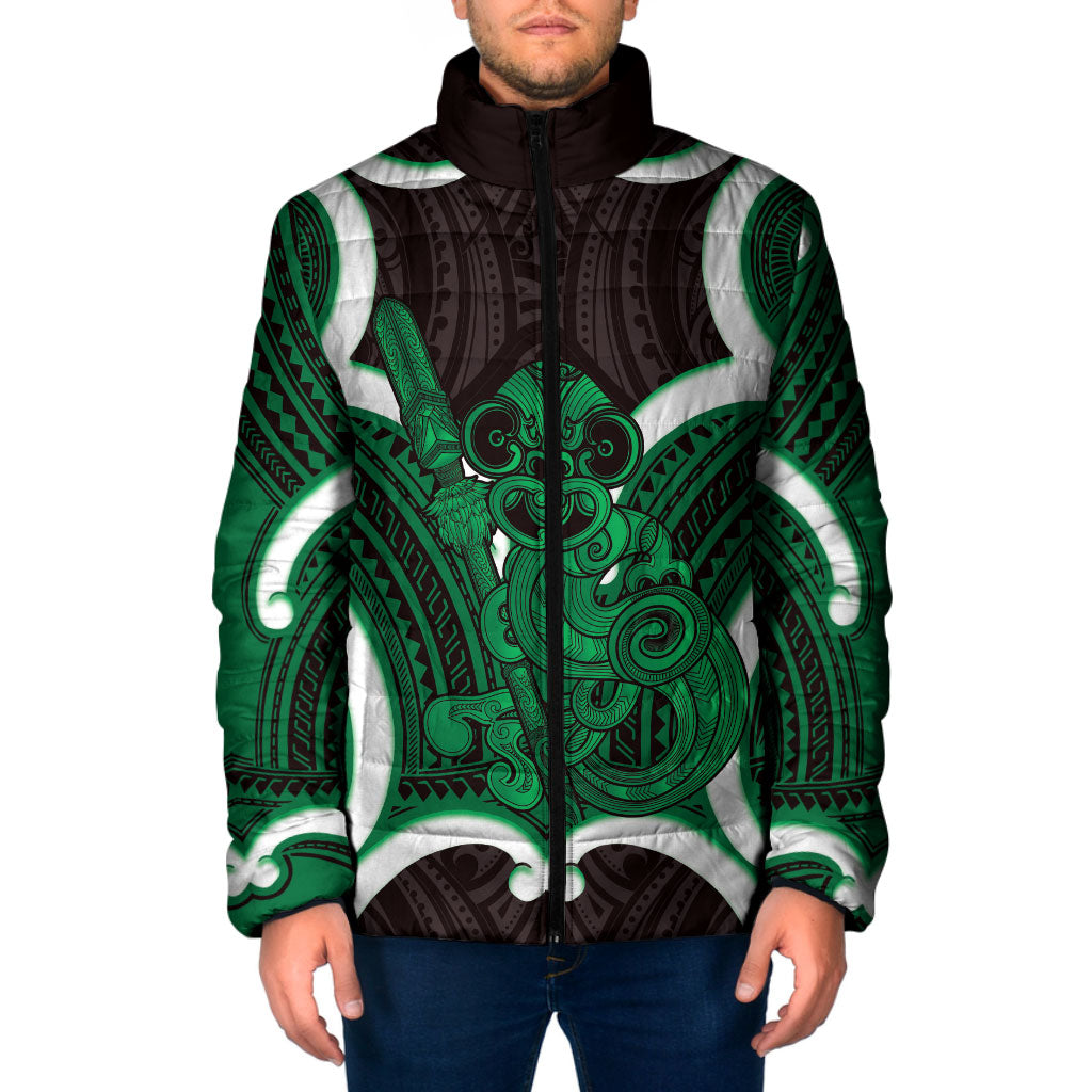 Kakariki Aotearoa Atua Tumatauenga Personalised Padded Jacket Maori God Of War Tiki With Taiaha LT14 Men Green - Polynesian Pride