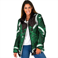 Kakariki Aotearoa Atua Tumatauenga Personalised Padded Jacket Maori God Of War Tiki With Taiaha LT14 Women Green - Polynesian Pride