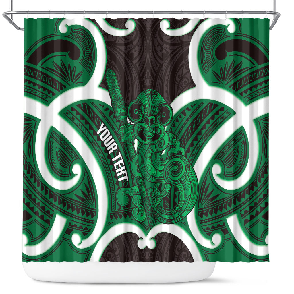 Kakariki Aotearoa Atua Tumatauenga Personalised Shower Curtain Maori God Of War Tiki With Taiaha LT14 Green - Polynesian Pride