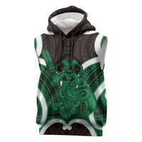 Kakariki Aotearoa Atua Tumatauenga Personalised Sleeveless Hoodie Maori God Of War Tiki With Taiaha LT14 Green - Polynesian Pride