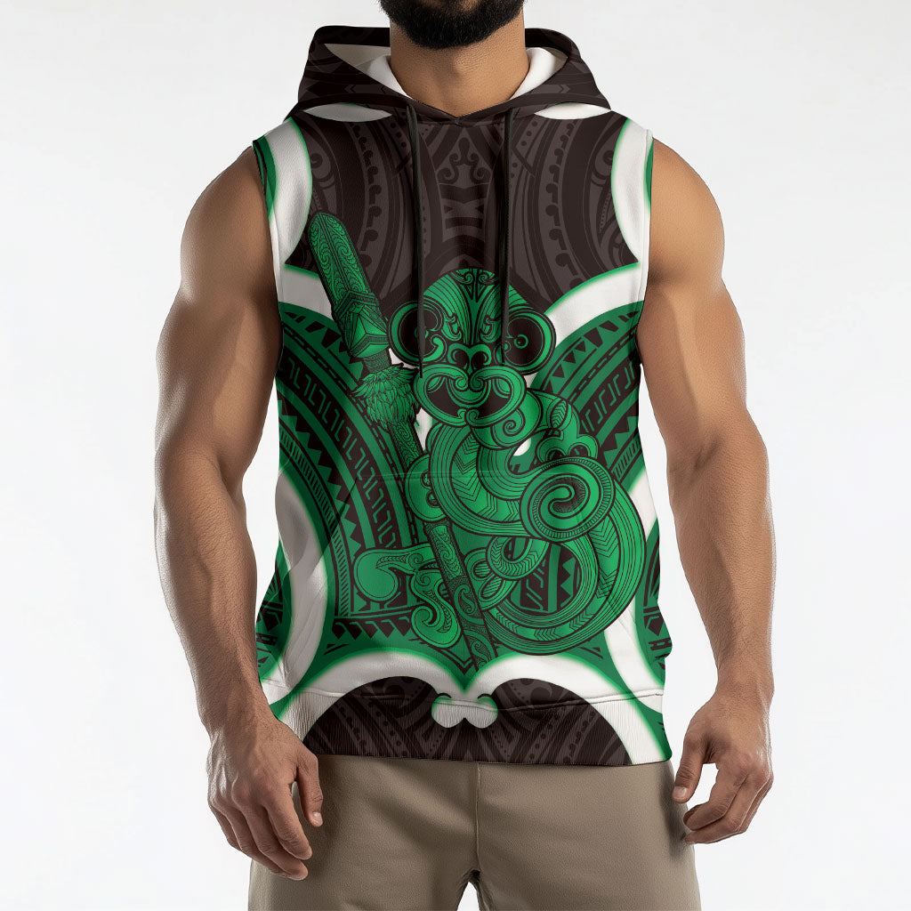 Kakariki Aotearoa Atua Tumatauenga Personalised Sleeveless Hoodie Maori God Of War Tiki With Taiaha LT14 - Polynesian Pride