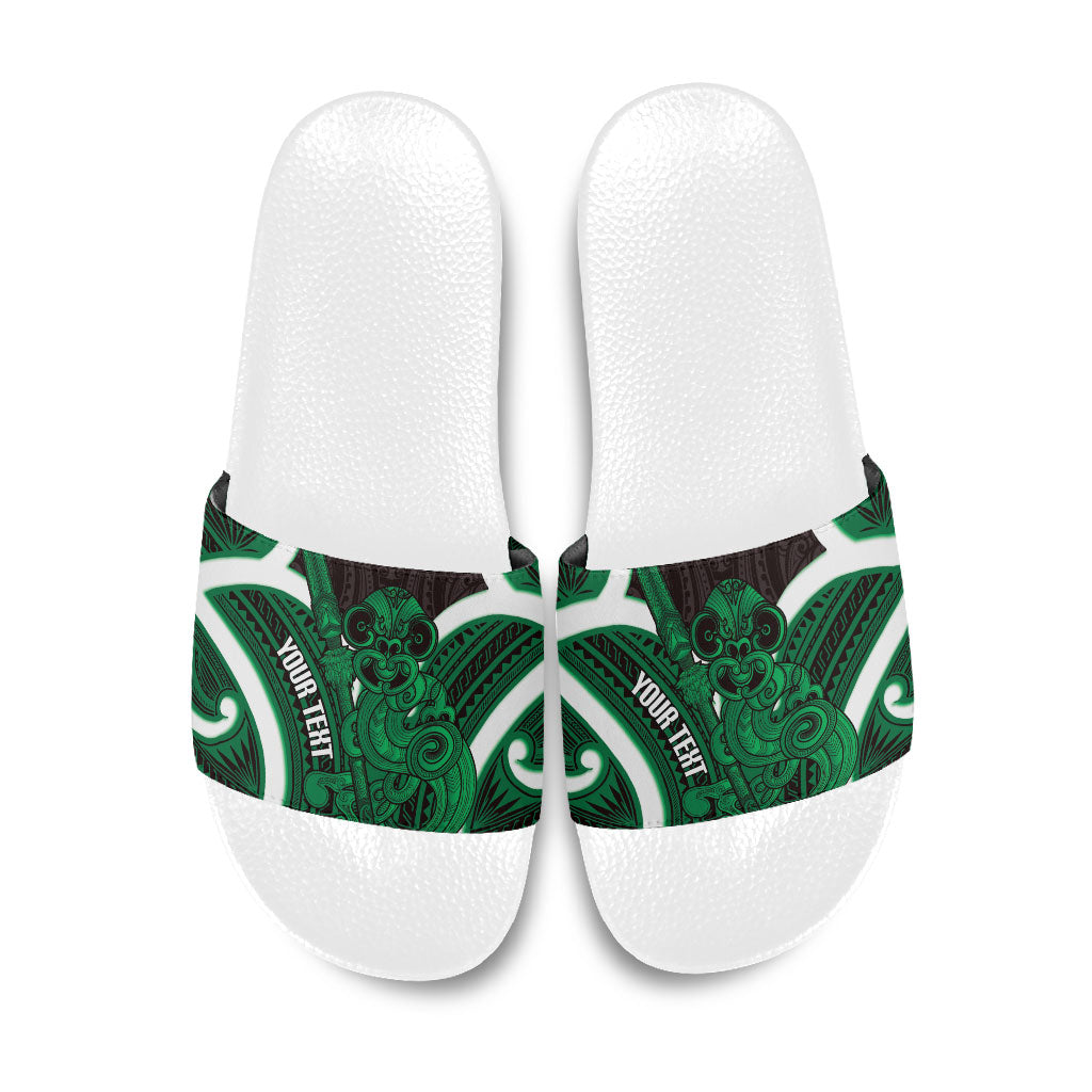 Kakariki Aotearoa Atua Tumatauenga Personalised Slide Sandals Maori God Of War Tiki With Taiaha LT14 Green - Polynesian Pride