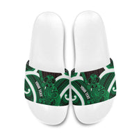Kakariki Aotearoa Atua Tumatauenga Personalised Slide Sandals Maori God Of War Tiki With Taiaha LT14 Green - Polynesian Pride