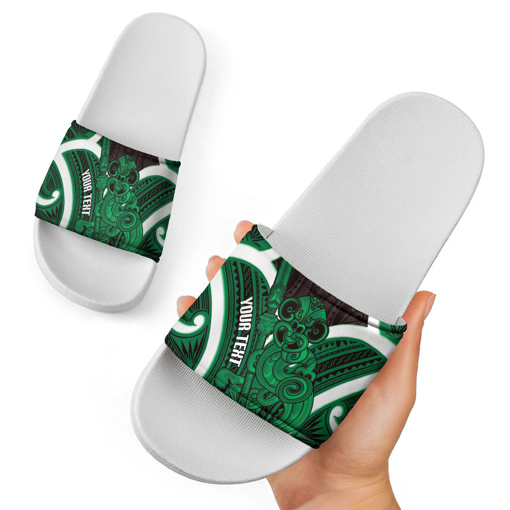 Kakariki Aotearoa Atua Tumatauenga Personalised Slide Sandals Maori God Of War Tiki With Taiaha LT14 - Polynesian Pride