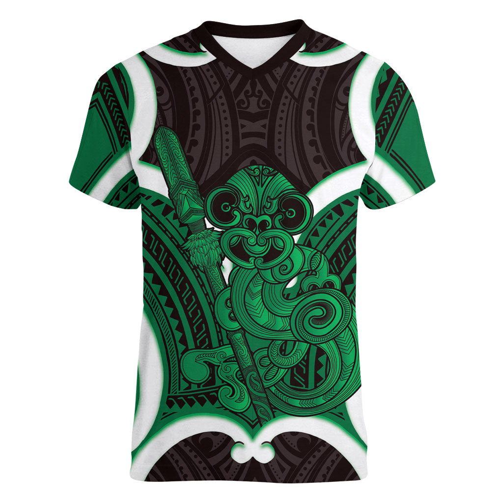 Kakariki Aotearoa Atua Tumatauenga Personalised Women V-Neck T-Shirt Maori God Of War Tiki With Taiaha LT14 Female Green - Polynesian Pride