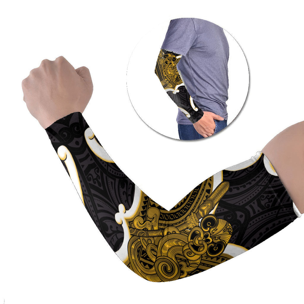Kowhai Aotearoa Atua Tumatauenga Personalised Arm Sleeves Maori God Of War Tiki With Taiaha LT14 Set of 2 Yellow - Polynesian Pride