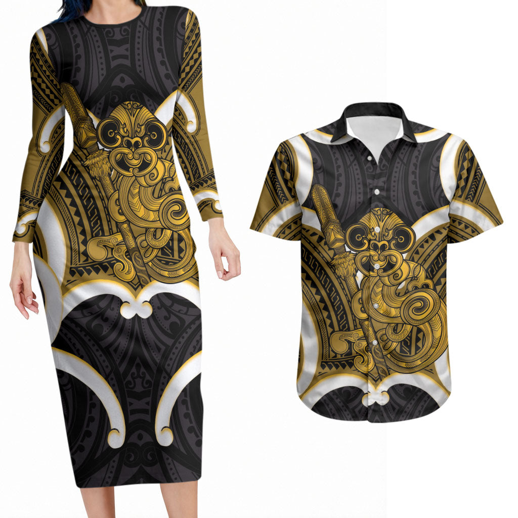 Kowhai Aotearoa Atua Tumatauenga Personalised Couples Matching Long Sleeve Bodycon Dress and Hawaiian Shirt Maori God Of War Tiki With Taiaha LT14 Yellow - Polynesian Pride