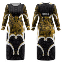 Kowhai Aotearoa Atua Tumatauenga Personalised Couples Matching Long Sleeve Bodycon Dress and Hawaiian Shirt Maori God Of War Tiki With Taiaha LT14 - Polynesian Pride