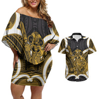 Kowhai Aotearoa Atua Tumatauenga Personalised Couples Matching Off Shoulder Short Dress and Hawaiian Shirt Maori God Of War Tiki With Taiaha LT14 Yellow - Polynesian Pride