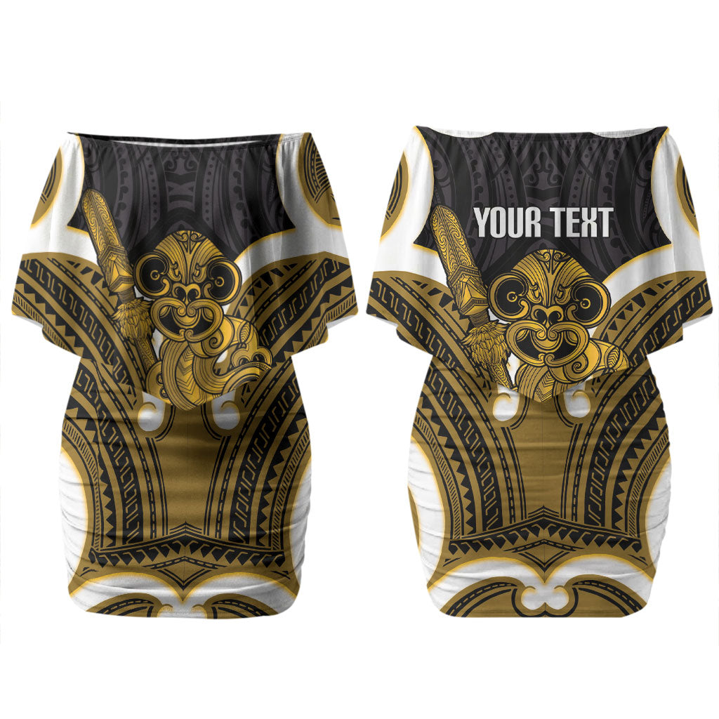 Kowhai Aotearoa Atua Tumatauenga Personalised Couples Matching Off Shoulder Short Dress and Hawaiian Shirt Maori God Of War Tiki With Taiaha LT14 - Polynesian Pride