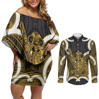 Kowhai Aotearoa Atua Tumatauenga Personalised Couples Matching Off Shoulder Short Dress and Long Sleeve Button Shirt Maori God Of War Tiki With Taiaha LT14 Yellow - Polynesian Pride