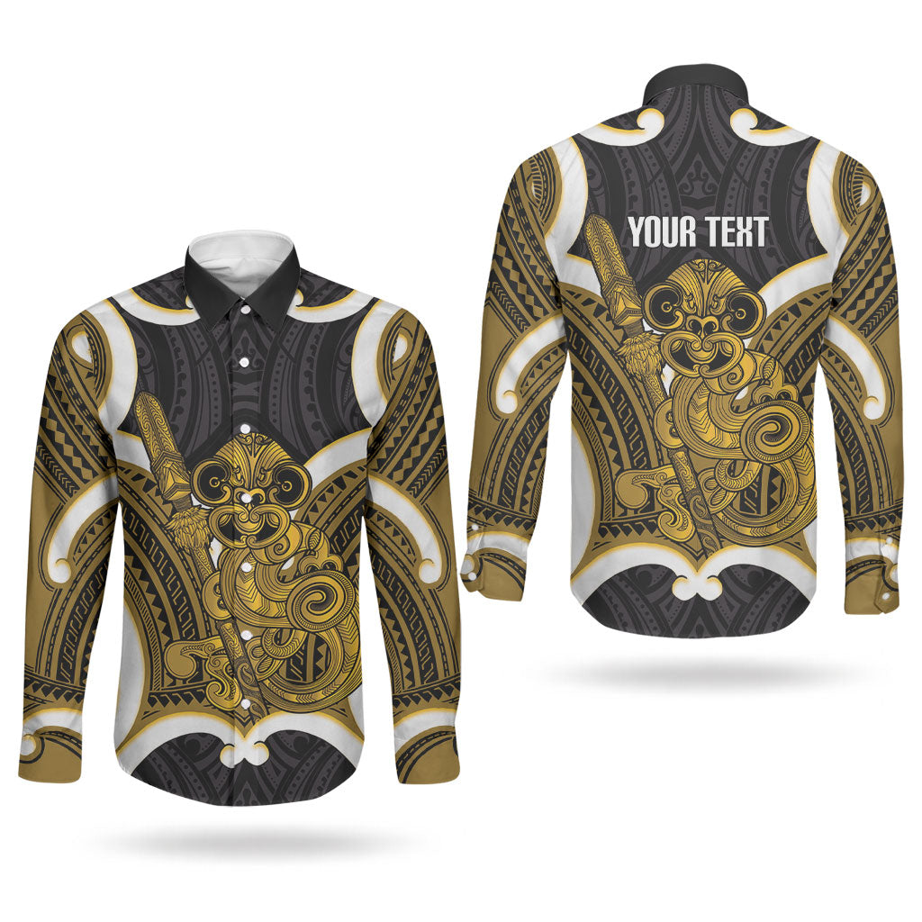 Kowhai Aotearoa Atua Tumatauenga Personalised Couples Matching Off Shoulder Short Dress and Long Sleeve Button Shirt Maori God Of War Tiki With Taiaha LT14 - Polynesian Pride
