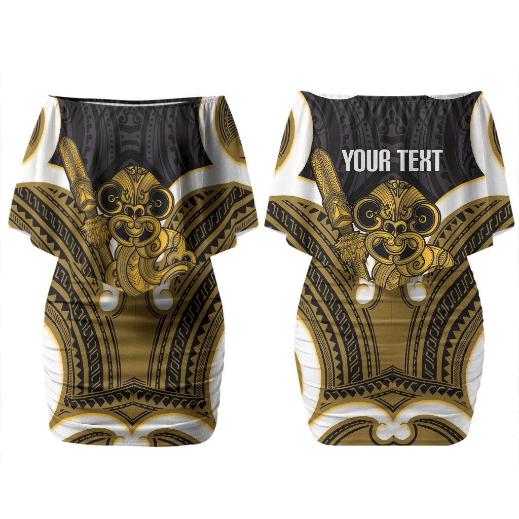 Kowhai Aotearoa Atua Tumatauenga Personalised Couples Matching Off Shoulder Short Dress and Long Sleeve Button Shirt Maori God Of War Tiki With Taiaha LT14 - Polynesian Pride