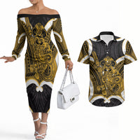 Kowhai Aotearoa Atua Tumatauenga Personalised Couples Matching Off The Shoulder Long Sleeve Dress and Hawaiian Shirt Maori God Of War Tiki With Taiaha LT14 Yellow - Polynesian Pride