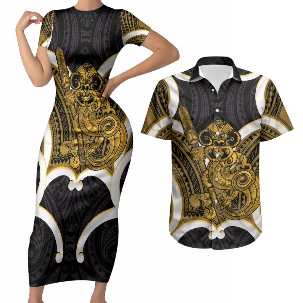 Kowhai Aotearoa Atua Tumatauenga Personalised Couples Matching Short Sleeve Bodycon Dress and Hawaiian Shirt Maori God Of War Tiki With Taiaha LT14 Yellow - Polynesian Pride