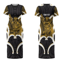 Kowhai Aotearoa Atua Tumatauenga Personalised Couples Matching Short Sleeve Bodycon Dress and Hawaiian Shirt Maori God Of War Tiki With Taiaha LT14 - Polynesian Pride