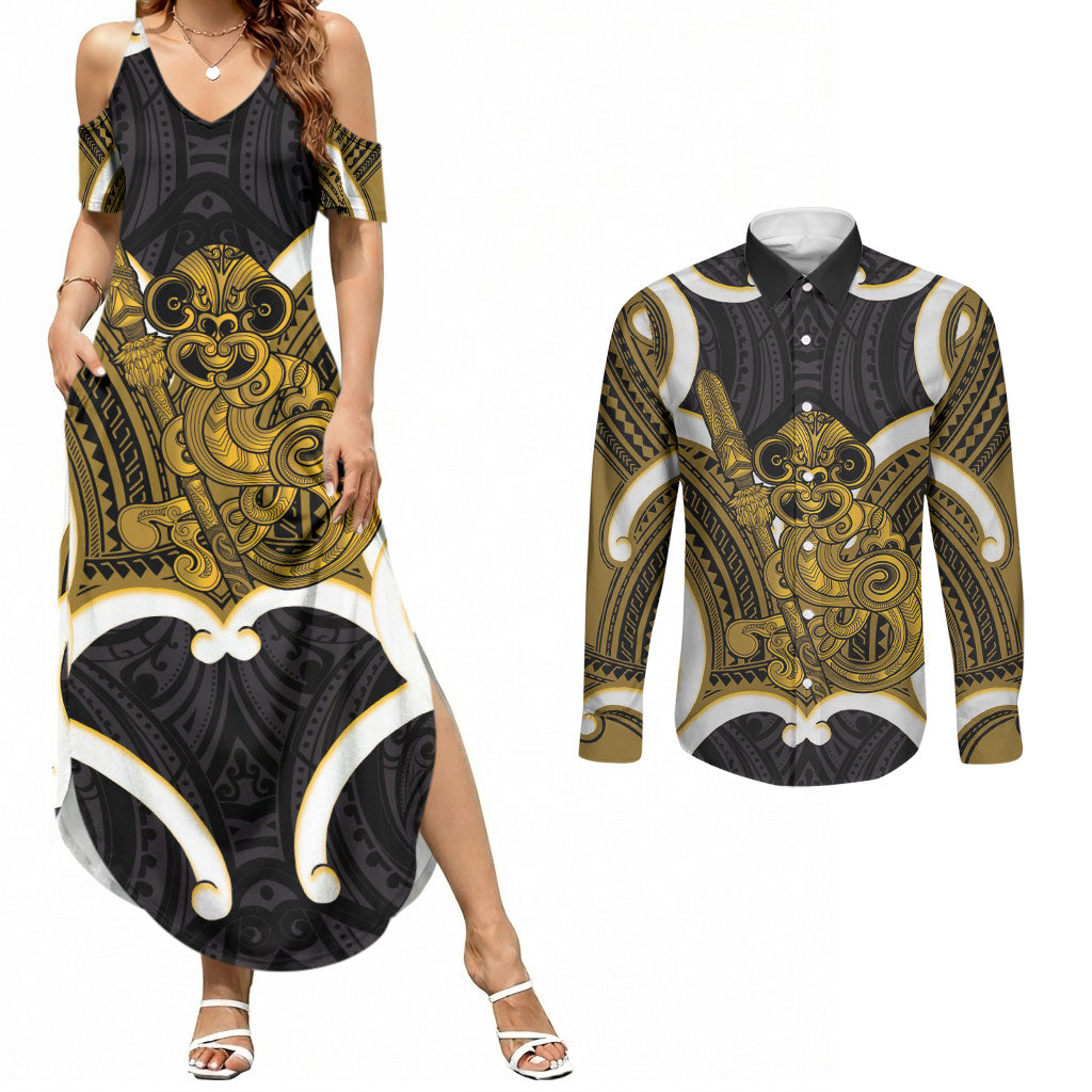 Kowhai Aotearoa Atua Tumatauenga Personalised Couples Matching Summer Maxi Dress and Long Sleeve Button Shirt Maori God Of War Tiki With Taiaha LT14 Yellow - Polynesian Pride