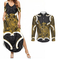 Kowhai Aotearoa Atua Tumatauenga Personalised Couples Matching Summer Maxi Dress and Long Sleeve Button Shirt Maori God Of War Tiki With Taiaha LT14 Yellow - Polynesian Pride