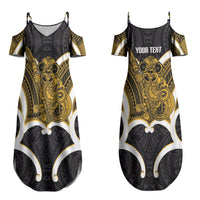 Kowhai Aotearoa Atua Tumatauenga Personalised Couples Matching Summer Maxi Dress and Long Sleeve Button Shirt Maori God Of War Tiki With Taiaha LT14 - Polynesian Pride