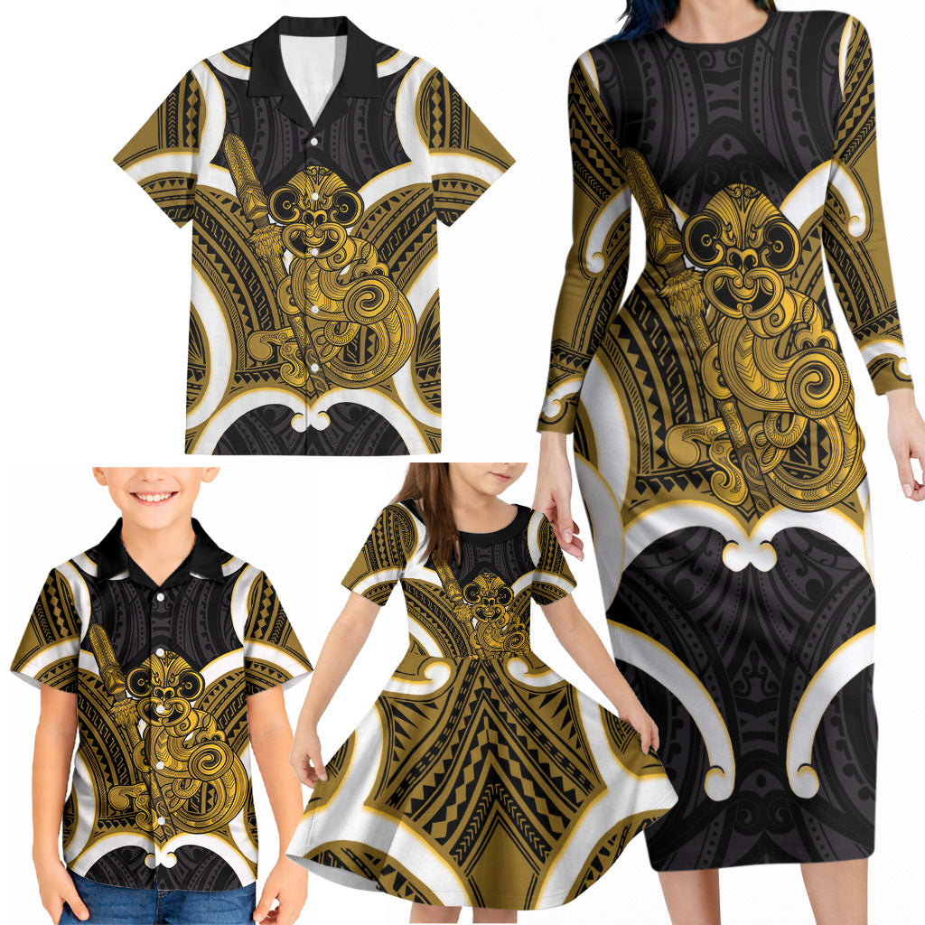 Kowhai Aotearoa Atua Tumatauenga Personalised Family Matching Long Sleeve Bodycon Dress and Hawaiian Shirt Maori God Of War Tiki With Taiaha