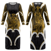 Kowhai Aotearoa Atua Tumatauenga Personalised Family Matching Long Sleeve Bodycon Dress and Hawaiian Shirt Maori God Of War Tiki With Taiaha