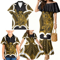Kowhai Aotearoa Atua Tumatauenga Personalised Family Matching Mermaid Dress and Hawaiian Shirt Maori God Of War Tiki With Taiaha