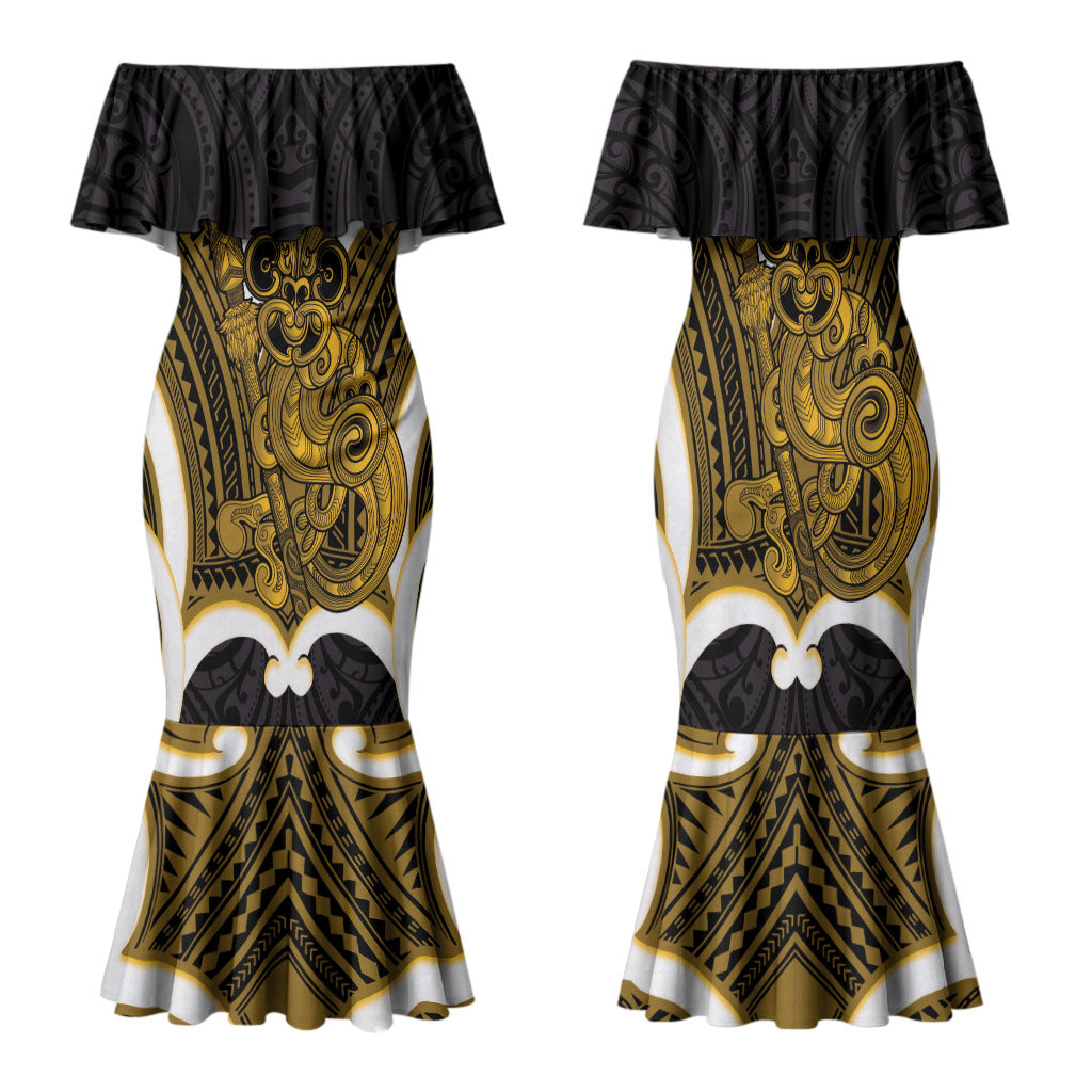 Kowhai Aotearoa Atua Tumatauenga Personalised Family Matching Mermaid Dress and Hawaiian Shirt Maori God Of War Tiki With Taiaha