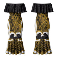 Kowhai Aotearoa Atua Tumatauenga Personalised Family Matching Mermaid Dress and Hawaiian Shirt Maori God Of War Tiki With Taiaha